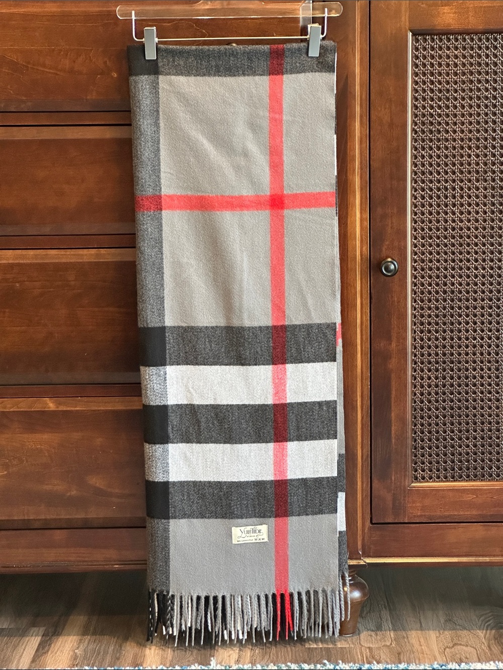 YULETIDE AT DEVON 100% Cashmere Wool Plaid Scarf Black, Gray & Red NWOT